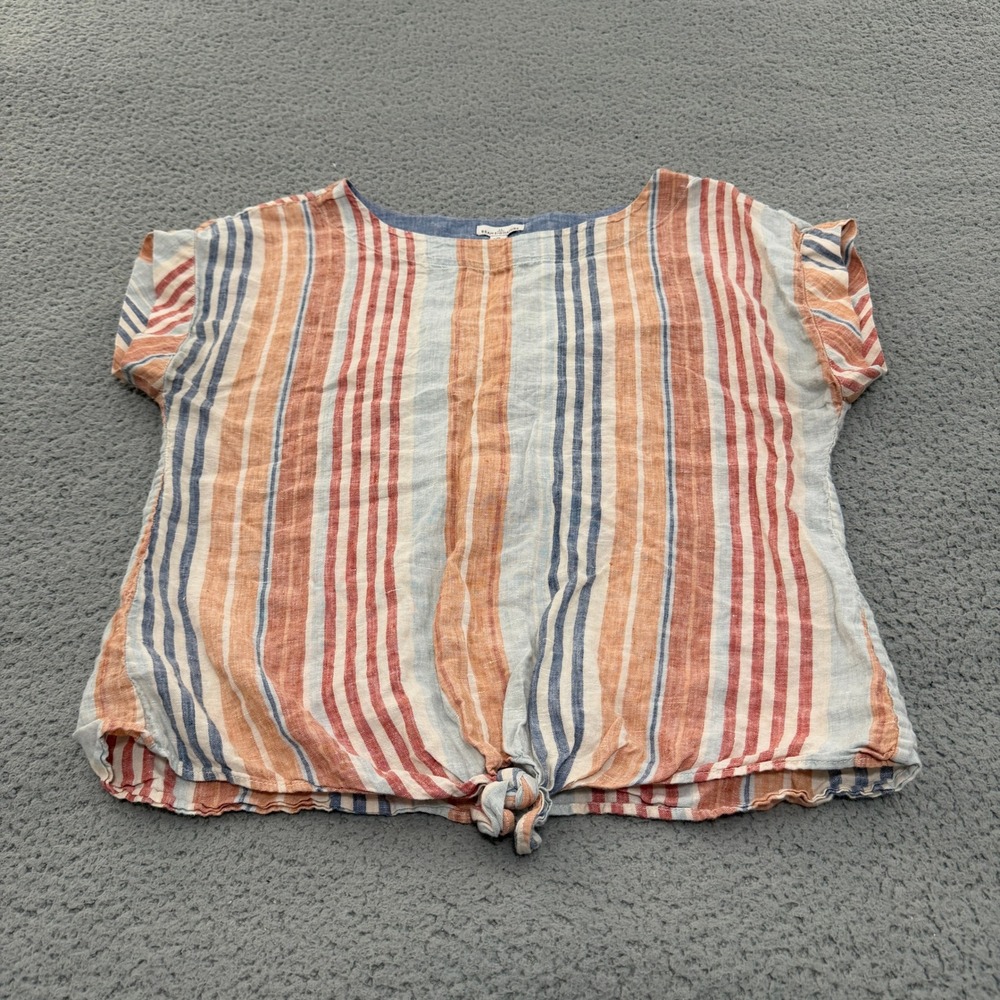 L.L. Bean Signature Top Womens Medium 100% Linen Striped Tie Front Orange Blue